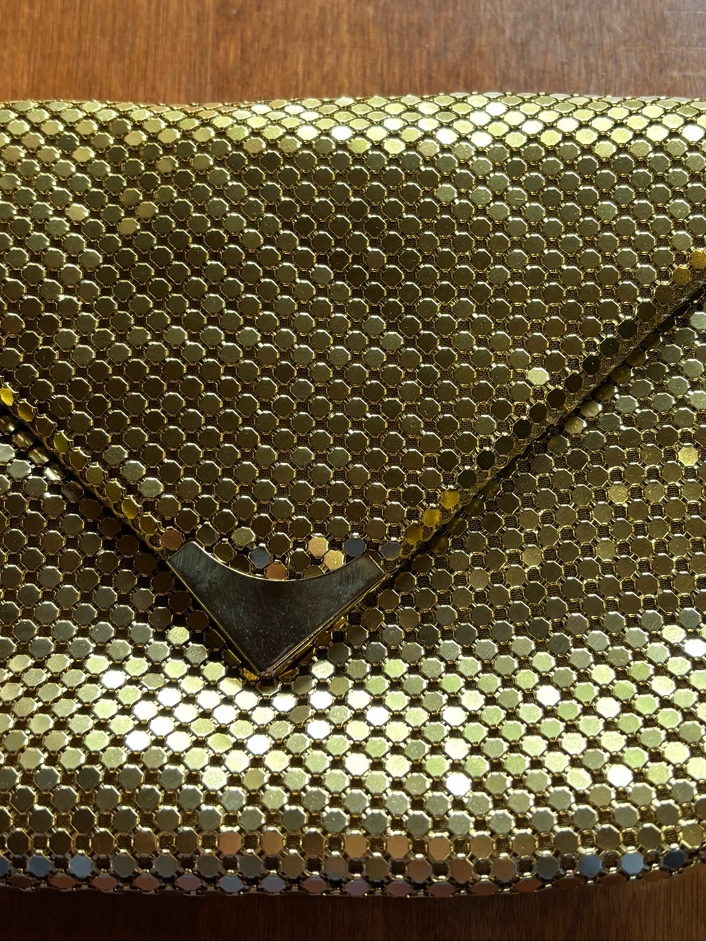 Vintage Gold Metallic Envelope Clutch with V-Accent